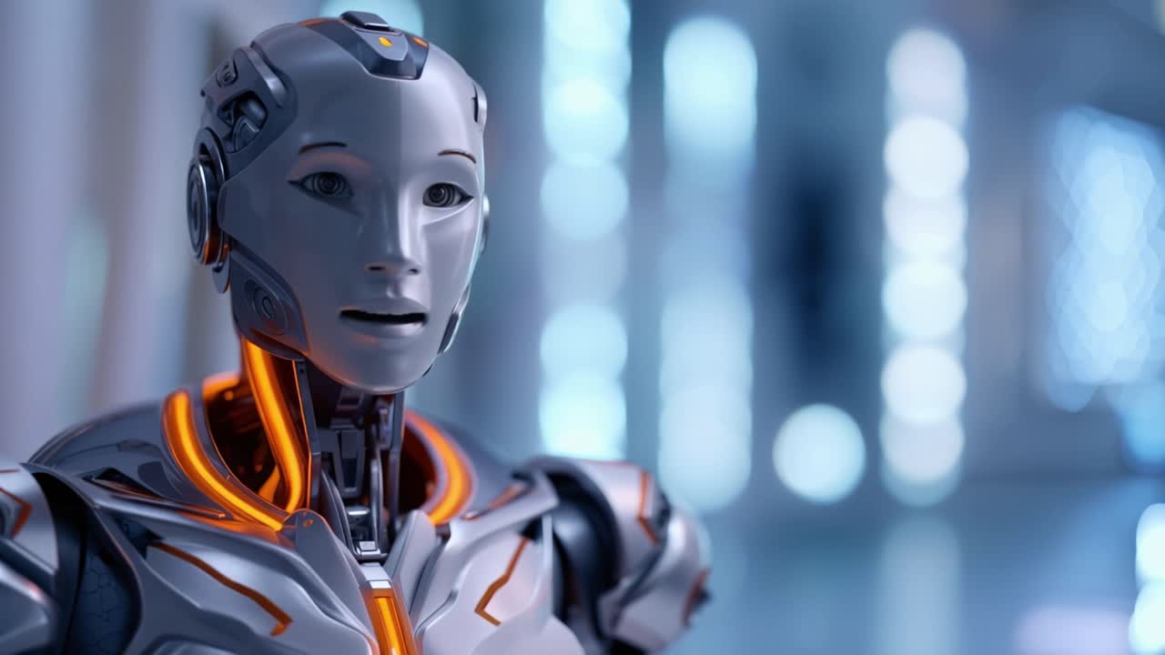 Robot Umanoide che Gira la Testa e Guarda in un Ambiente Futuristico