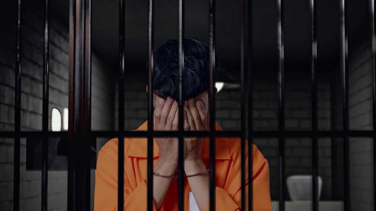 손에 인 슬픈 아시아 남성 죄수가 감옥에 서서 울고, 범죄자는 회개하고 울고 있습니다.