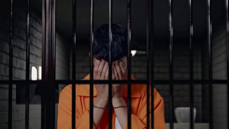 primer plano de un triste prisionero masculino asiático en esposas llorando mientras está de pie en la prisión, el criminal se arrepiente y llora