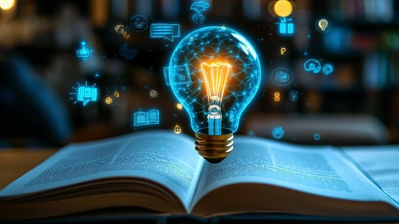 Lighting up knowledge within. A vibrant light bulb hovers above an open book, showcasing symbols of knowledge and creativity in a cozy setting.