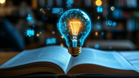 lighting up knowledge within. a vibrant light bulb hovers above an open book, showcasing symbols of knowledge and creativity in a cozy setting.