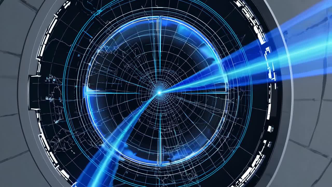 Futuristic video concept with a top-down view of a digital interface, featuring blue laser beams