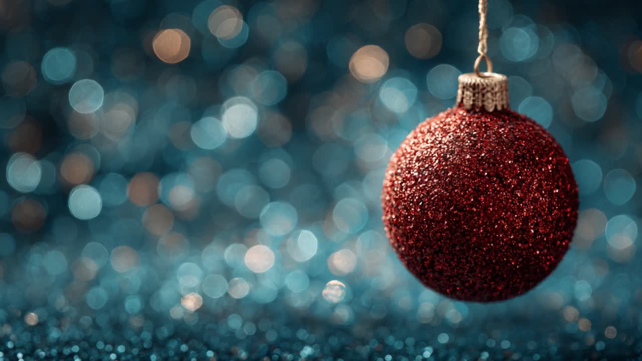 Uno straordinario primo piano di una decorazione natalizia rossa scintillante su uno splendido sfondo bokeh, che cattura lo spirito festivo delle Feste in modo magico