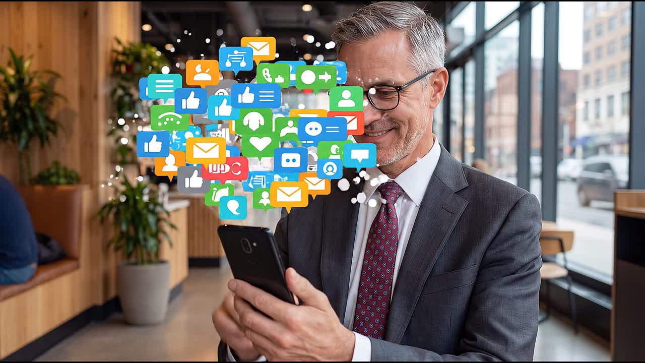 Uomo d'affari felice che riceve 'Mi piace' e notifiche dai social media sullo smartphone