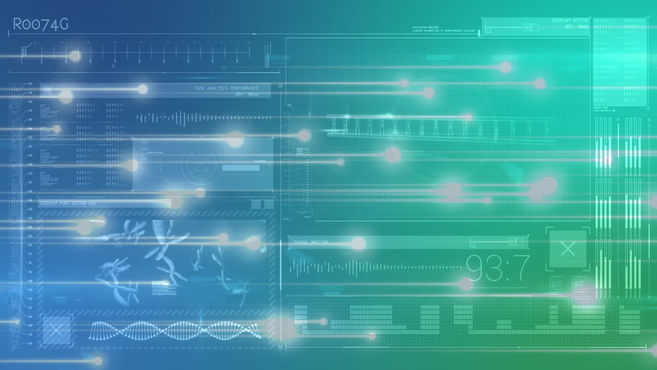 다양한 데이터와 함께 파란색과 초록색 디지털 화면에서 움직이는 불빛의 애니메이션