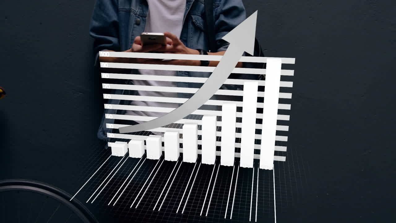 animación de estadísticas con flecha y procesamiento de datos sobre el hombre utilizando un teléfono inteligente