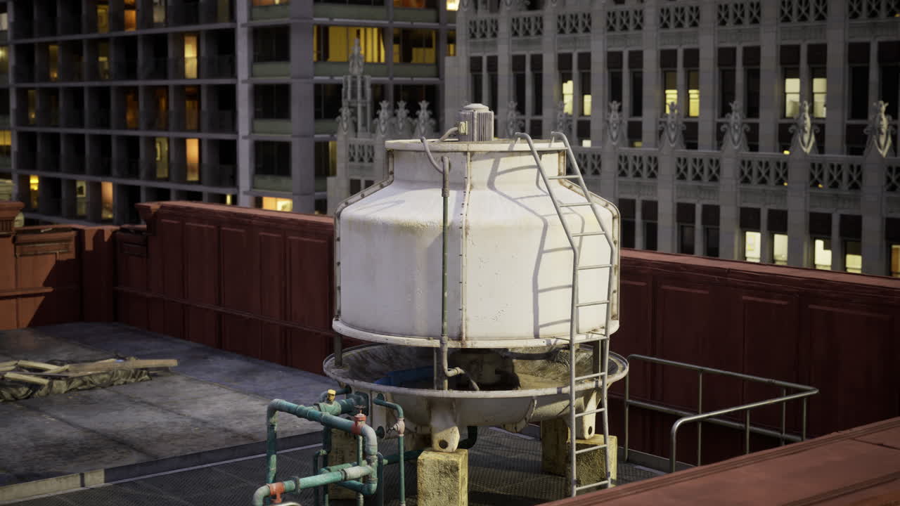 Cooling tower on a rooftop overlooking a city skyline during evening light