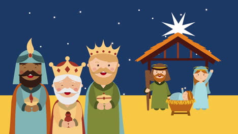 merry christmas manger scene with holly family and magic kings