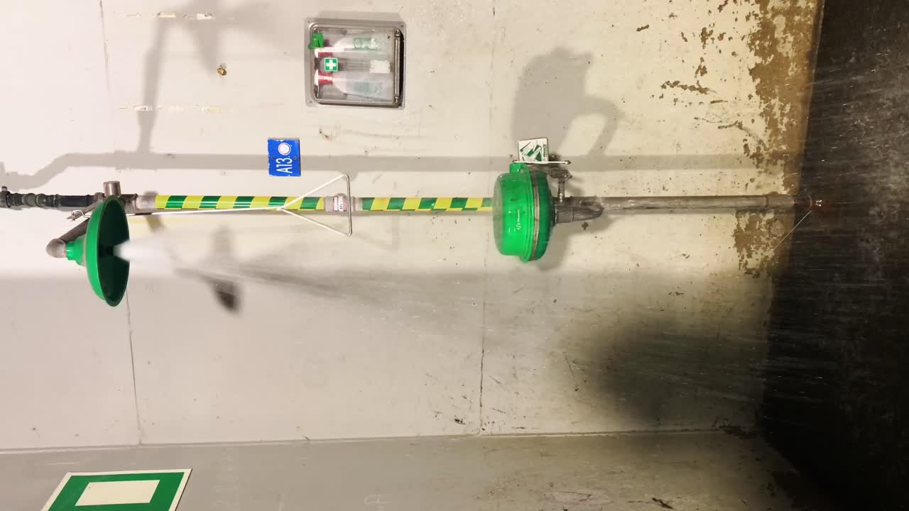 Safety shower or emergency shower fully open. VERTICAL footage