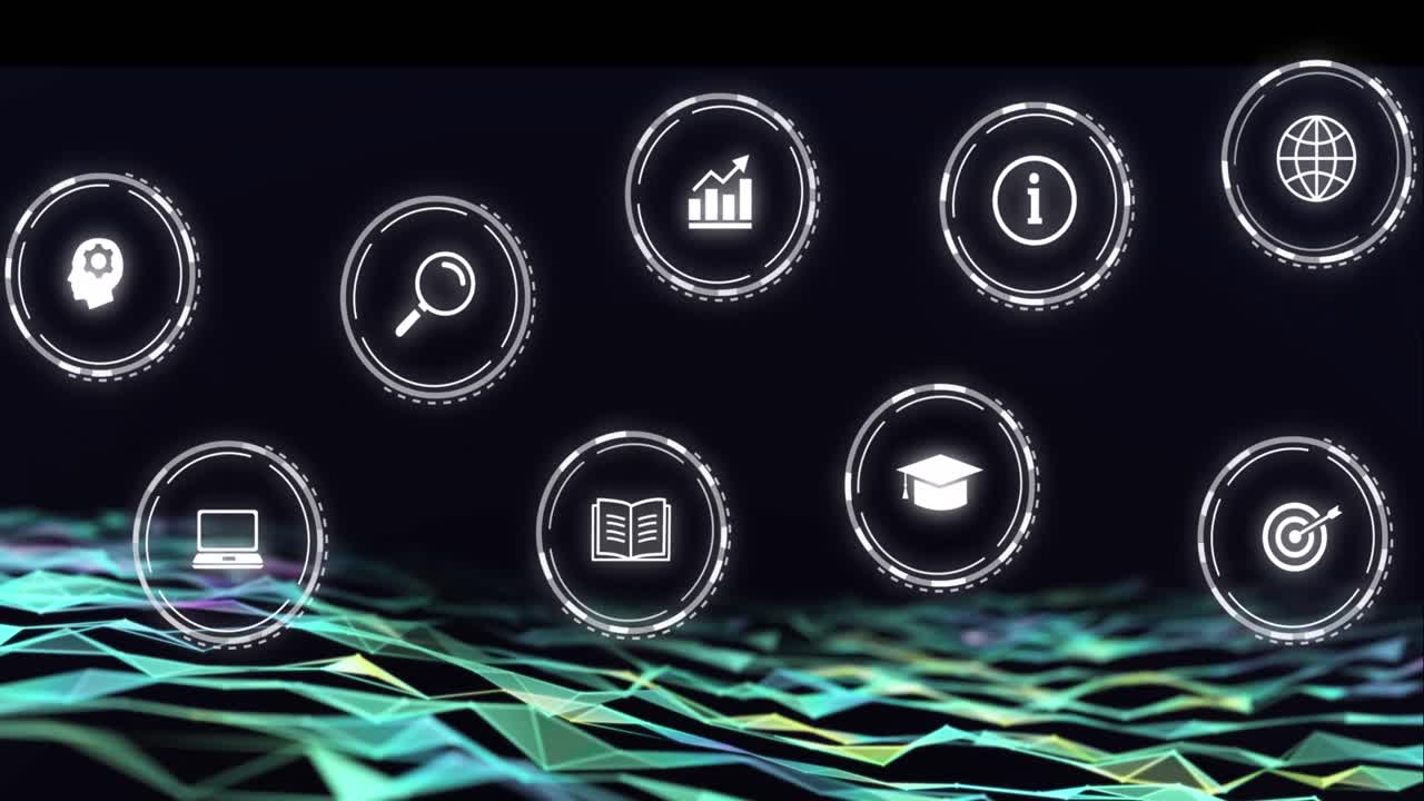 Animation of falling education icons over network of connections on dark background