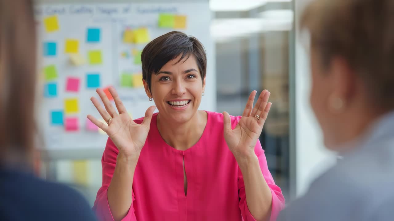 Raising both hands after meeting start, woman in pink blouse guiding team in office, sticky notes