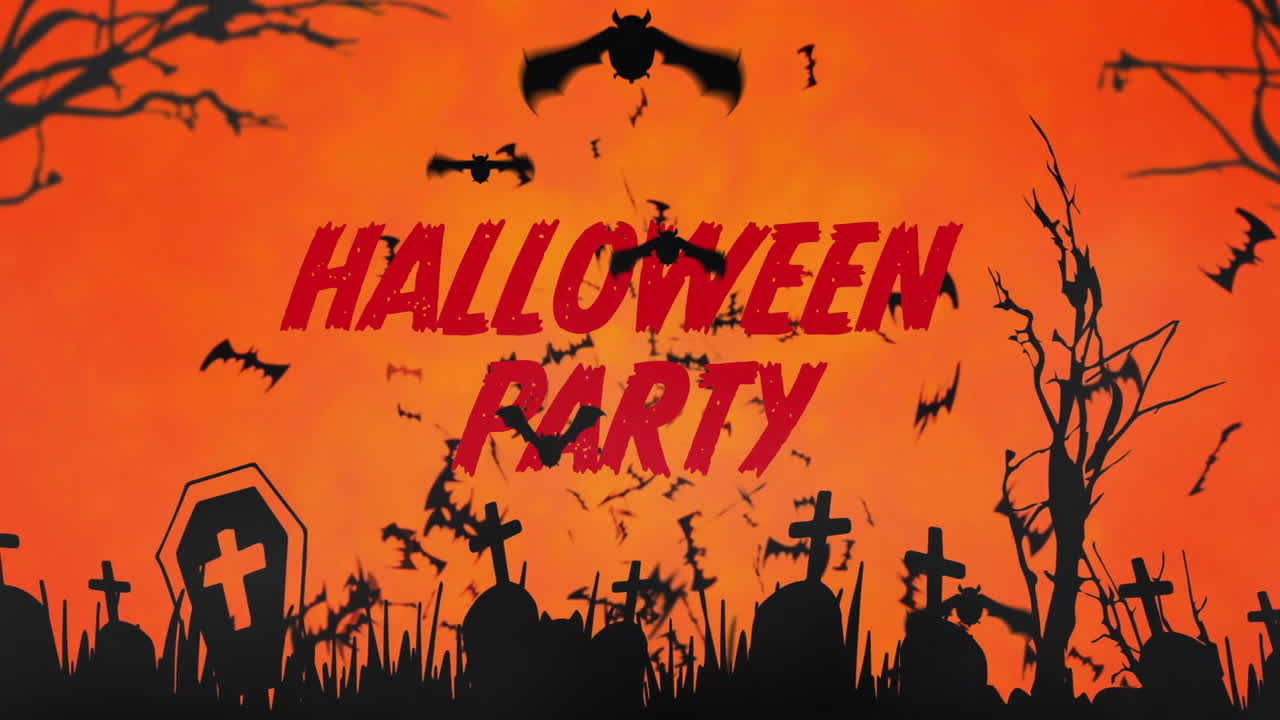 날아다니는 박와 오렌지색 하늘을 가진 묘지 위의 할로윈 파티 텍스트 애니메이션