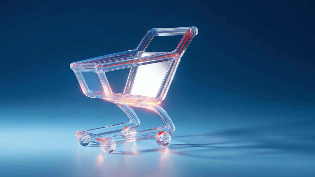 A transparent shopping cart illuminated against a blue background, showcasing its sleek design and modern aesthetic, ideal for highlighting themes of consumerism and retail