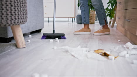 broom, trash and closeup of woman sweeping