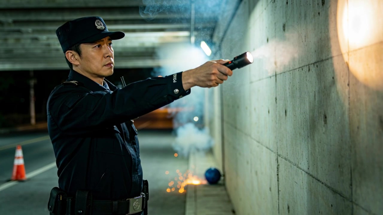 Responding uniformed officer holding tactical torch, scanning smoke, sparks and blue ball in garage