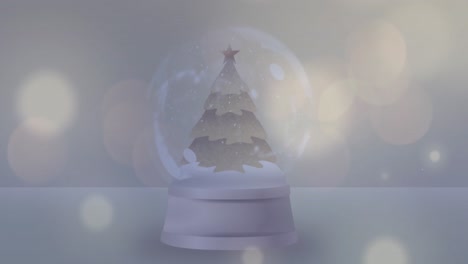 Animation-of-lights-spots-falling-over-snow-globe-on-grey-background