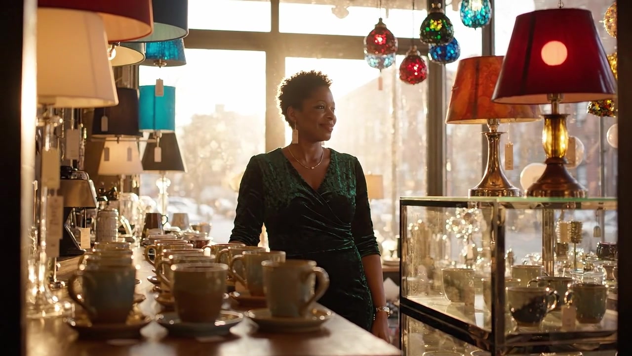 Uma Mulher com Traje Elegante Está em uma Loja Lindamente Iluminada, Cheia de Luminárias Decorativas, Vidraria e Xícaras de Chá, Capturando uma Atmosfera Acolhedora de Pôr do Sol.