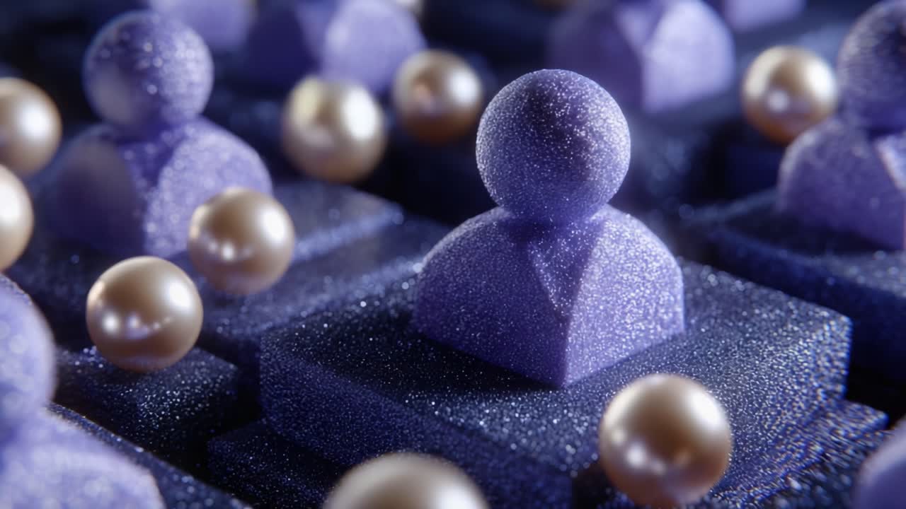 A Mesmerizing Arrangement of Purple Figurines and Pearls: A Detailed Close-Up of Artistic Shapes in a Captivating Composition