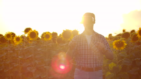 a young farmer in plaid shirt and jeans uses vr glasses on the field with sunflowers for scientific article. these are modern technologies in summer evening.