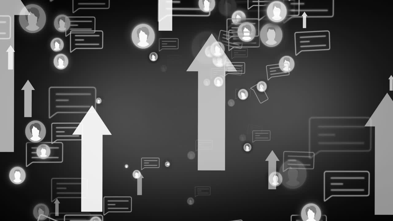 회색 배경에 있는 미디어 아이콘과 화살표의 애니메이션