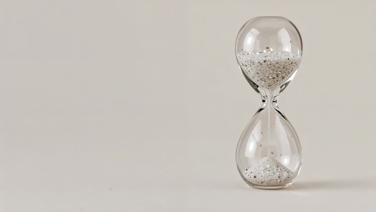 Starting timer, hourglass pouring speckled sand into bulb to measure time on tabletop, copy space