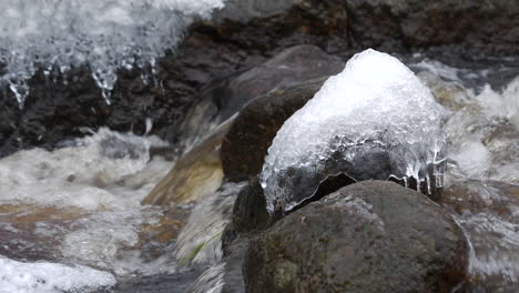 ice crystals on rock in freezing water stream