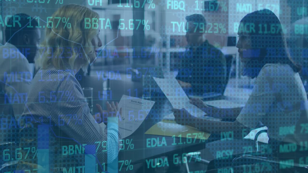 Animation of financial data processing over diverse business people in office