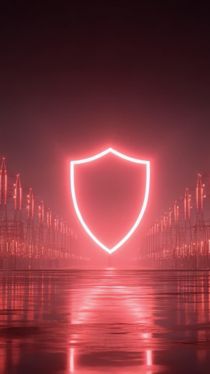 A striking visual representation of security and protection, featuring a luminous shield emblem set against a backdrop of towering electrical infrastructure, conveying strength and resilience