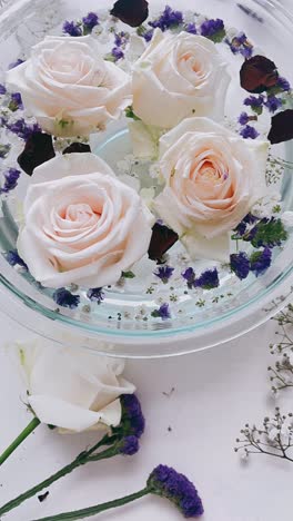 floating roses in a glass bowl