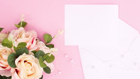 paper for text in envelope and roses bouquet on pink theme. women's day stop motion