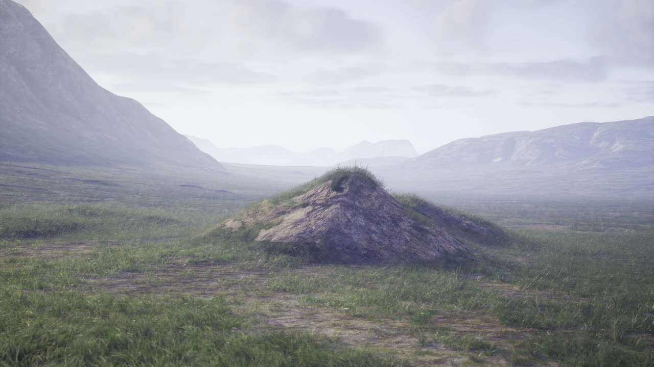 Misty Mountain Valley Landscape with Mound