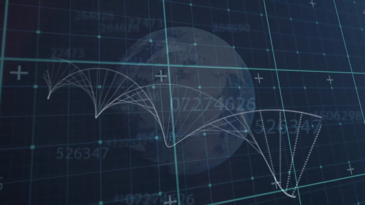 처리 데이터와 그리드와 함께 헬릭스를 형성하는 지구와 입자의 애니메이션, 검은색에