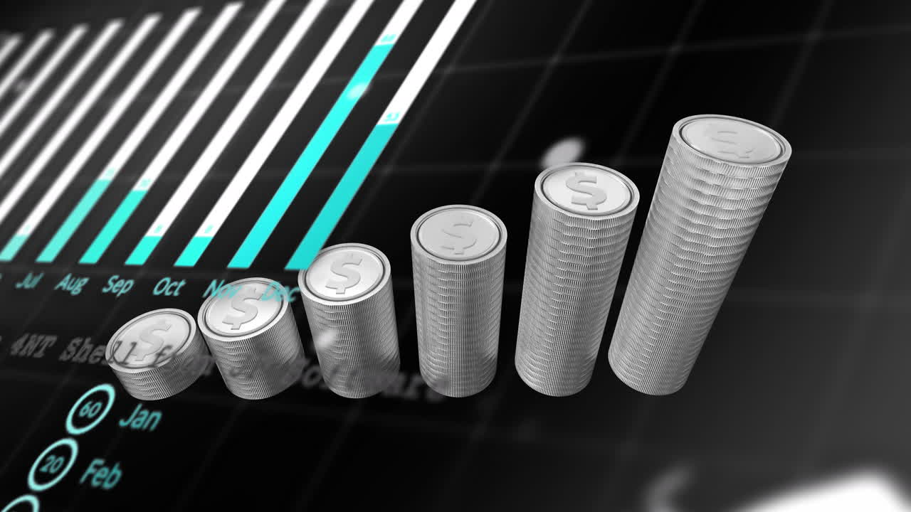 Animation of financial data processing over stacks of american dollar silver coins