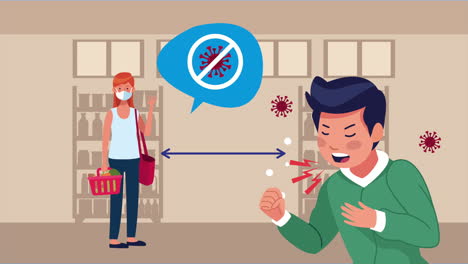 campaña de distanciamiento social con clientes femeninas del supermercado y hombres enfermos