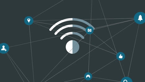 Animation of network of connections with social media icons on black background