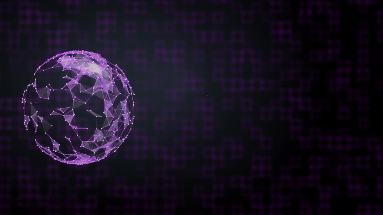 Video 4K di un pianeta renderizzato in 3D con superficie a plexus su sfondo quadrato con gradiente viola
