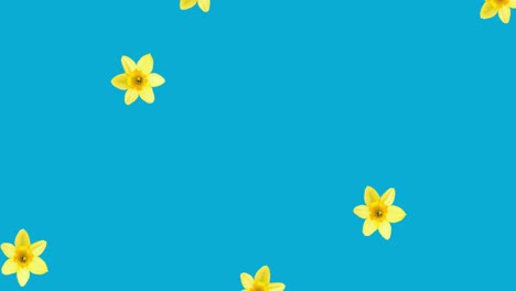 Animation-of-multiple-yellow-flowers-moving-over-blue-background