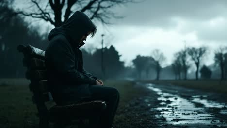 a man in a hoodie sits alone on a park bench on a gloomy, wet day