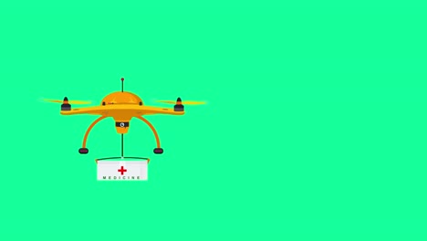 una caricatura o representación animada de un dron naranja que entrega suministros médicos de emergencia en un fondo verde y el dron vuela de derecha a izquierda en la pantalla