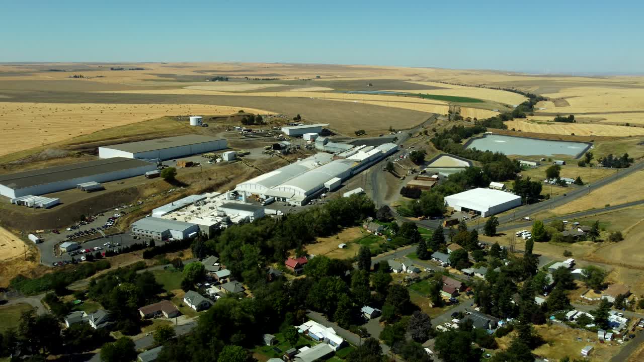 US, OR, Weston, 2025-08-20 - Drone view of Smith Frozen Foods, with the town, and surrounded by farmlands, in Summer