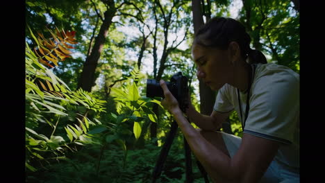 woman taking pictures in forest