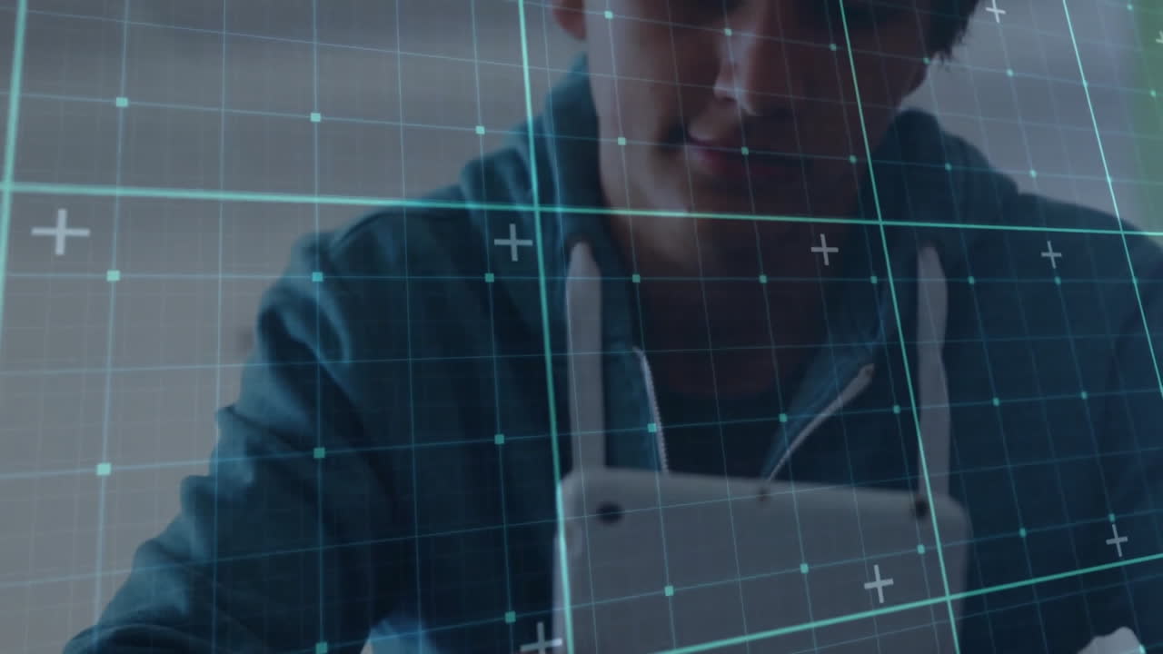 태블릿을 사용하는 행복한 백인 십대 소년에 대한 그리드의 애니메이션