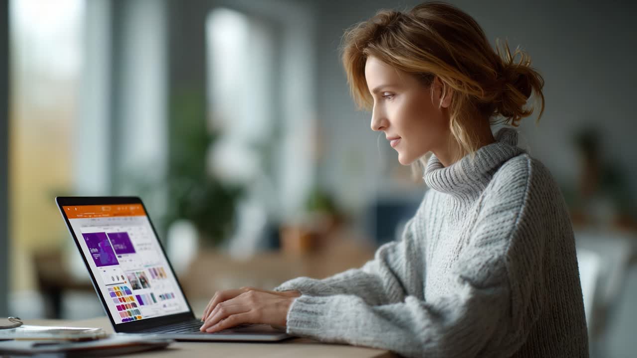 Focused Woman Working on Laptop in a Cozy Environment, Engaged in Creative Projects, Surrounded by Soft Lighting and Modern Decor, Enhancing Productivity and Inspiration