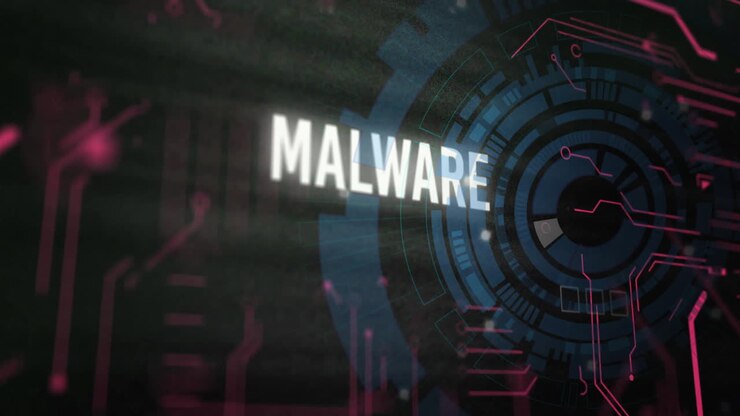 Animation af malwaretekst og scanningseffekt over databehandling