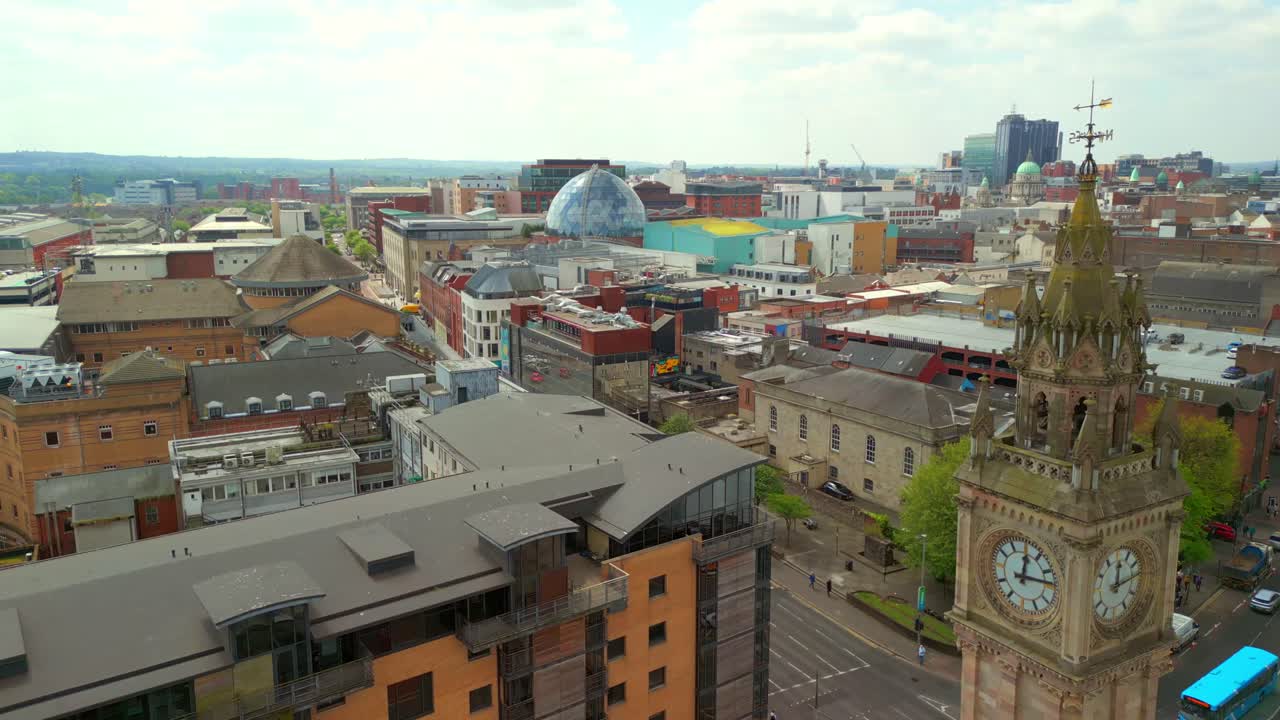 Advancing aerial video of the Albert Clock and Belfast City Centre in Belfast, Northern Ireland, UK. Filmed in 4K, 60FPS and with Rec709 Color.