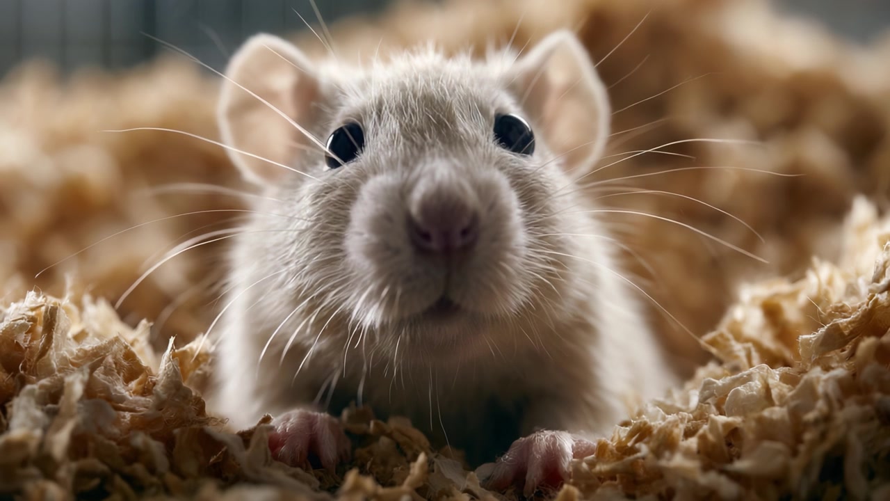Un curioso topolino domestico che osserva l'ambiente circostante in un accogliente nido di morbida lettiera e legno sminuzzato - uno sguardo alla sua natura giocosa ed esplorativa.
