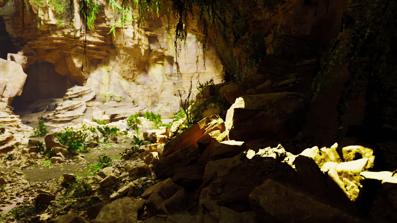 Exploring a natural cave with vibrant vegetation and rocky formations