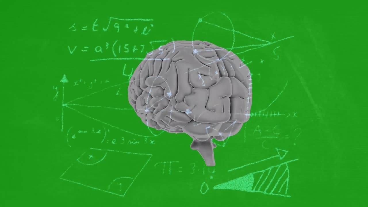 Animation of rotating brain and math formulas on green background
