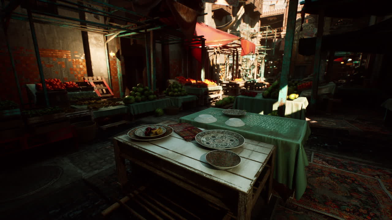 다양한 신선한 제품을 전시한 중동의 거리 시장입니다.