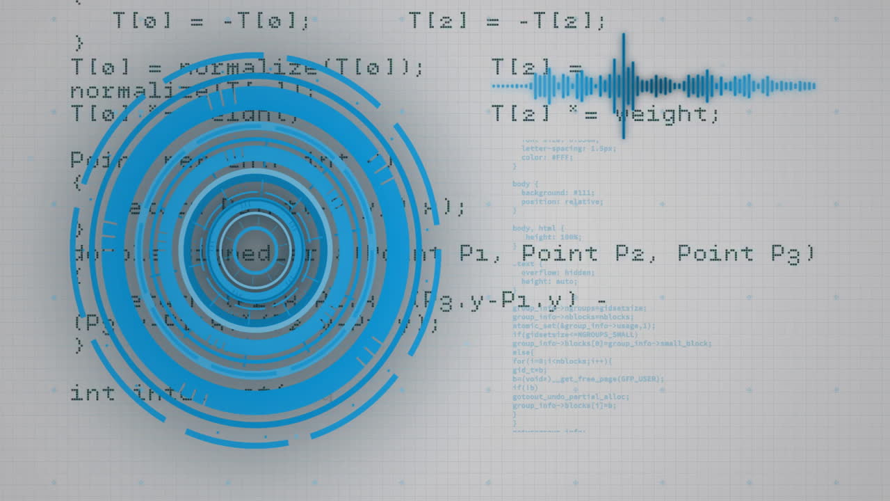 Blue concentric circles and soundwave animation overlaying programming code and math formulas